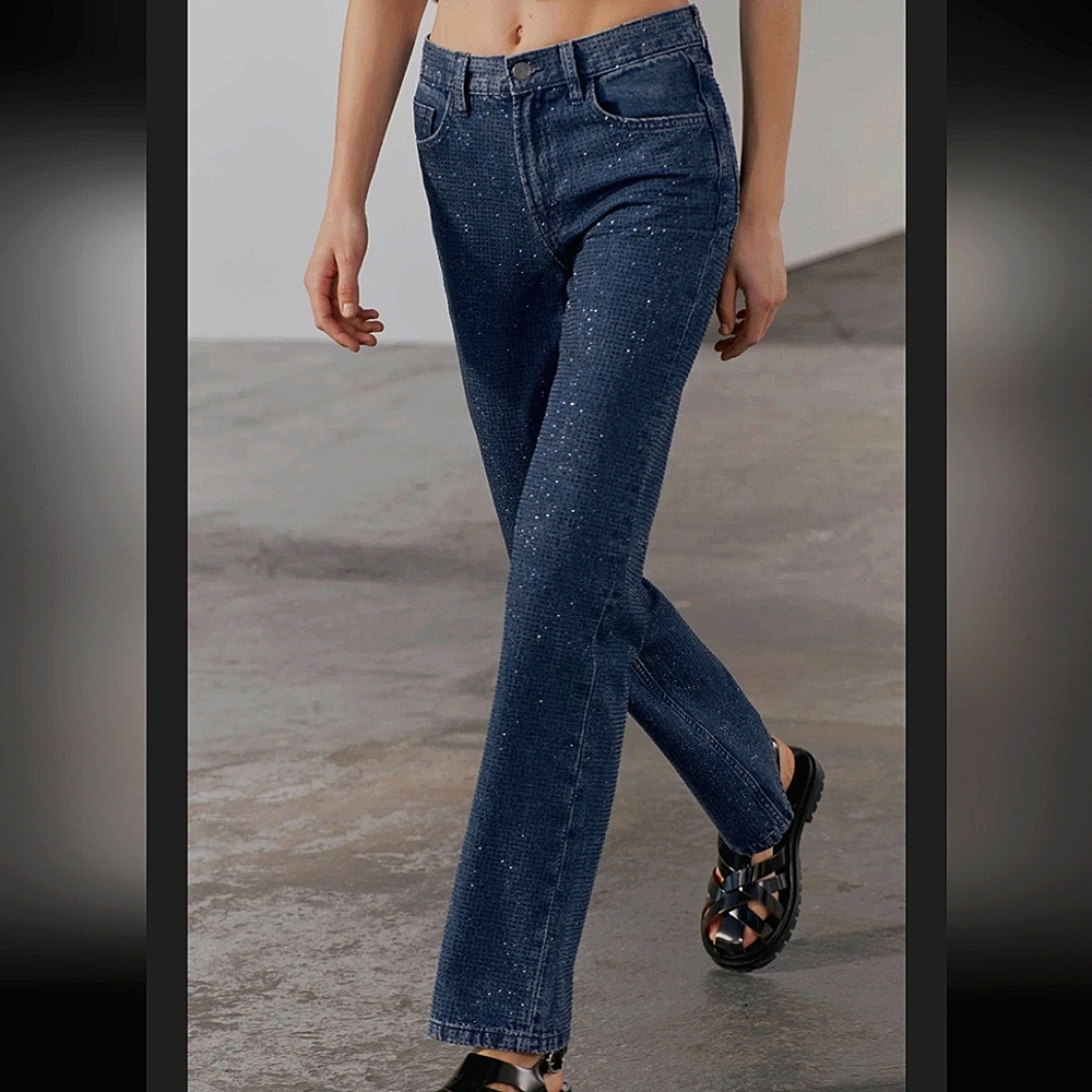 RHINESTONES HIGH RISE BOOTCUT JEANS 💙💙💙 ZARA ZW COLLECTION - Picture 4 of 11